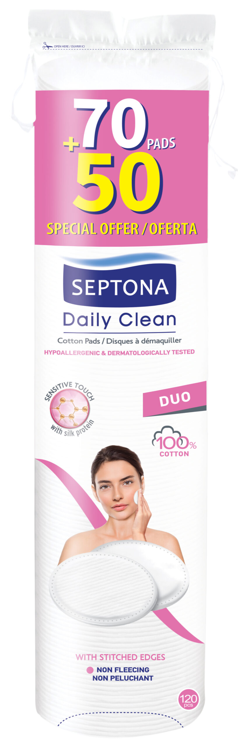 SEPTONA Daily Clean Cotton Pads Round Sensitive Touch DUO 70+50